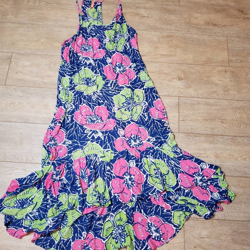 INDAH spaghetti floral ruffled bottom maxi dress sz S